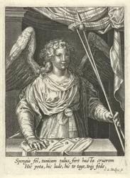 Engel mit Lanze, Schwamm und Würfeln